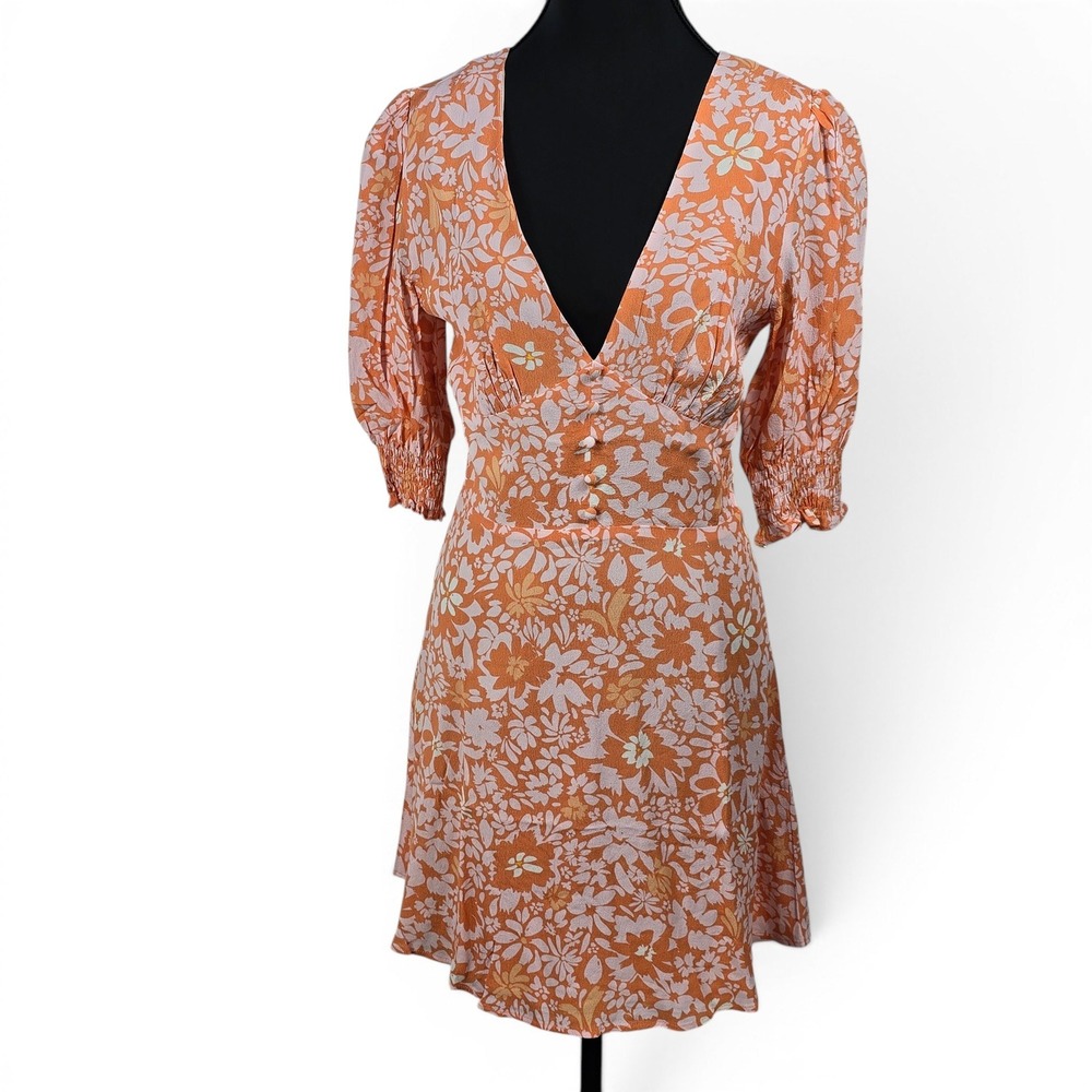 Minkpink Orange Floral V-Neck Open Back Mini Dress XS Lined 100% Viscose NWT